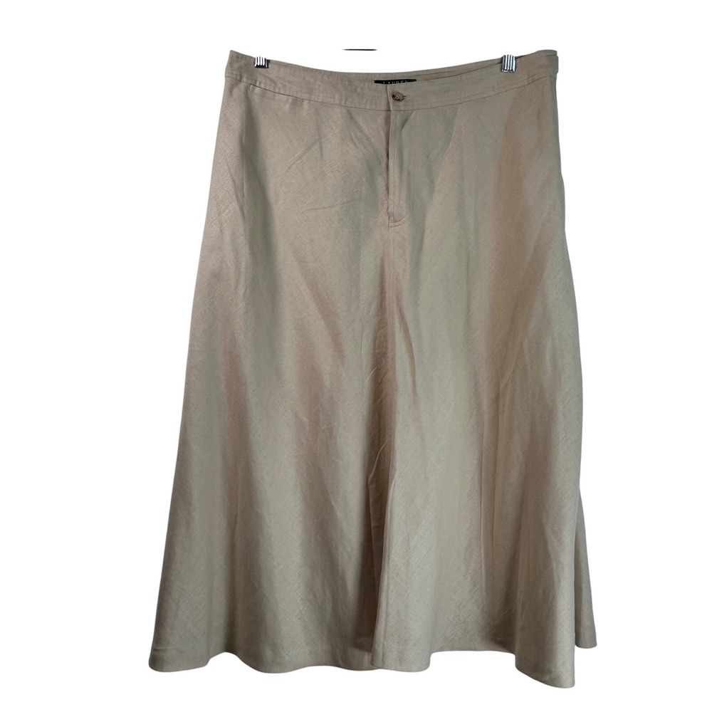 Lauren Ralph Lauren Tan Beige 100% Linen A-Line Midi Skirt Size 16